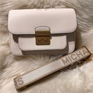 MICHAEL Michael Kors Cream Leather Crossbody with Gold-Tone Lock and Logo Strap
